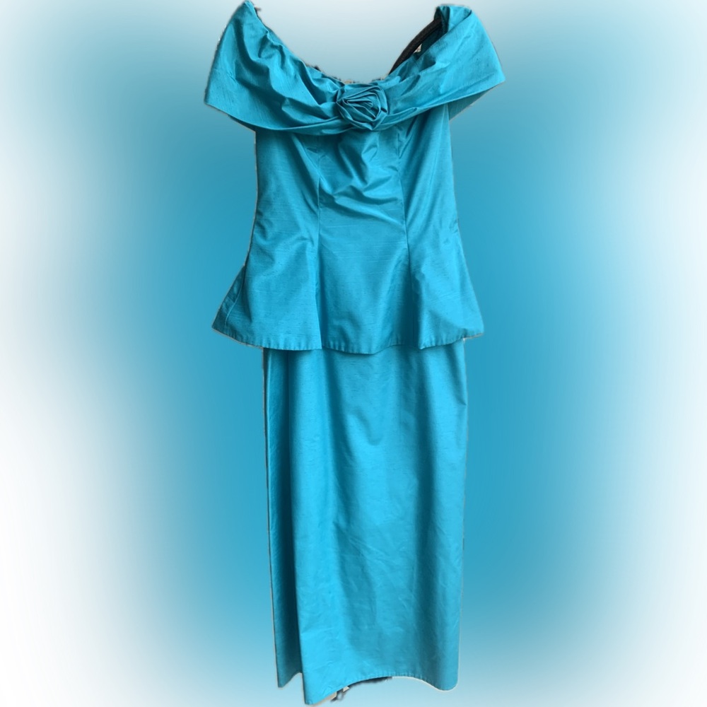 Off Shoulder 90s teal green bridesmaid fitted peplum long dress Dress, 12 - Picture 3 of 8